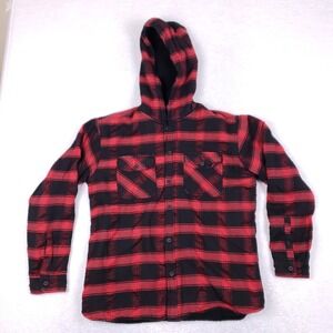 Navy Yard Hooded Flannel Shirt Jacket Men L Red Black Buffalo Plaid Sherpa Lined